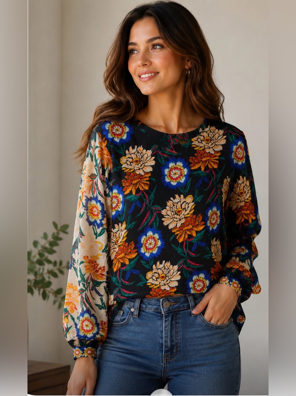 Johnny Was NWT 100% Silk Floral Mixed Print Eirene Blouse Crew Neck Small $295